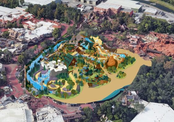 An aerial view of Frontierland, with the rendering of the new Piston Peak National Park replacing the Rivers of America.