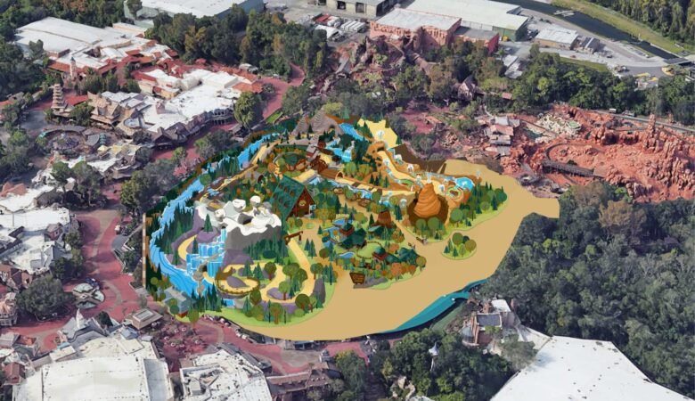 An aerial view of Frontierland, with the rendering of the new Piston Peak National Park replacing the Rivers of America.