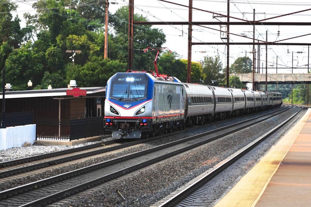 Amtrak's Silver Meteor en route to Miami, as it speeds through the Maryland suburbs.